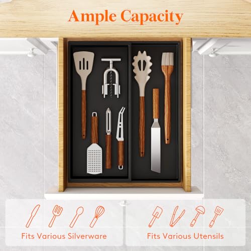 Lifewit Utensil Organizer for Kitchen Drawer, Expandable Cooking Silverware Tray, Adjustable Cutlery Flatware Holder, Plastic Spatula Tools Storage Divider, 12.9 x 16.1", Black - Image 2