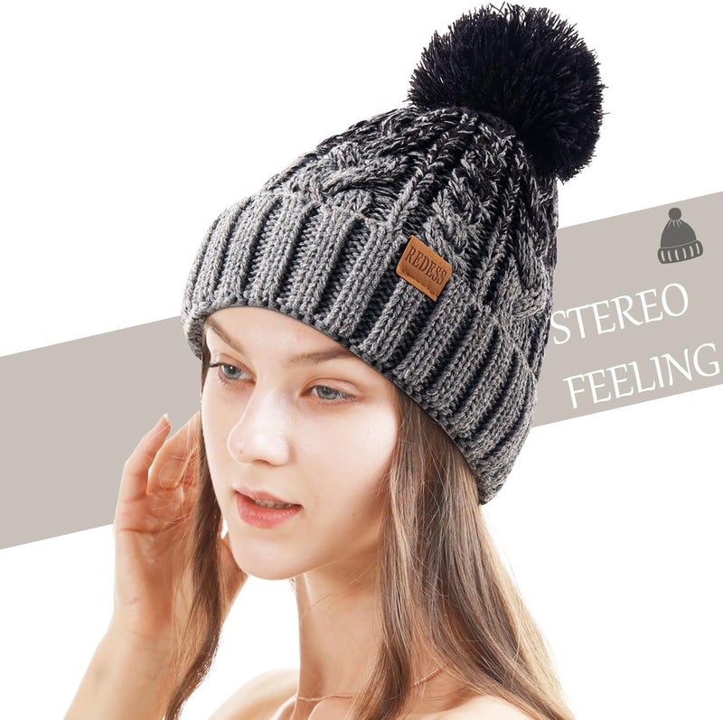 REDESS Women Winter Pompom Beanie Hat with Warm Fleece Lined, Thick Slouchy Snow Knit Skull Ski Cap - Image 2