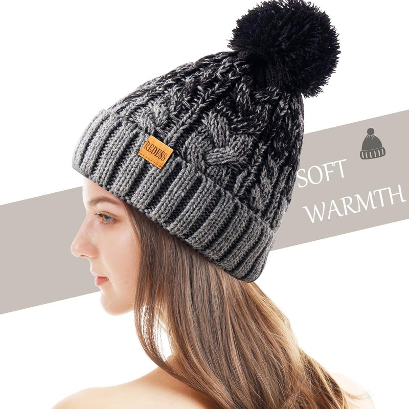 REDESS Women Winter Pompom Beanie Hat with Warm Fleece Lined, Thick Slouchy Snow Knit Skull Ski Cap - Image 3