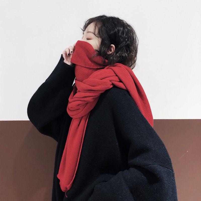 Korean Style Solid Color Knitted Wool Cyber Red Scarf Women's Autumn and Winter Thickened Warm Student Scarf Men's All-match Fashionable Shawl - Image 1