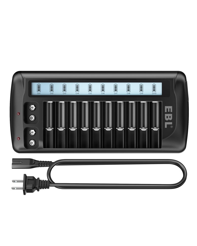 EBL 12-Bay LCD Battery Charger for AA, AAA and 9V Rechargeable Batteries, Multi-Battery Charging Station with 10 Standard AA AAA Slots and 2 9V Slots - Image 1