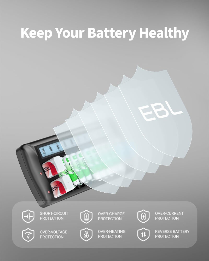EBL 12-Bay LCD Battery Charger for AA, AAA and 9V Rechargeable Batteries, Multi-Battery Charging Station with 10 Standard AA AAA Slots and 2 9V Slots - Image 4