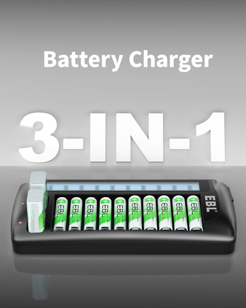 EBL 12-Bay LCD Battery Charger for AA, AAA and 9V Rechargeable Batteries, Multi-Battery Charging Station with 10 Standard AA AAA Slots and 2 9V Slots - Image 5