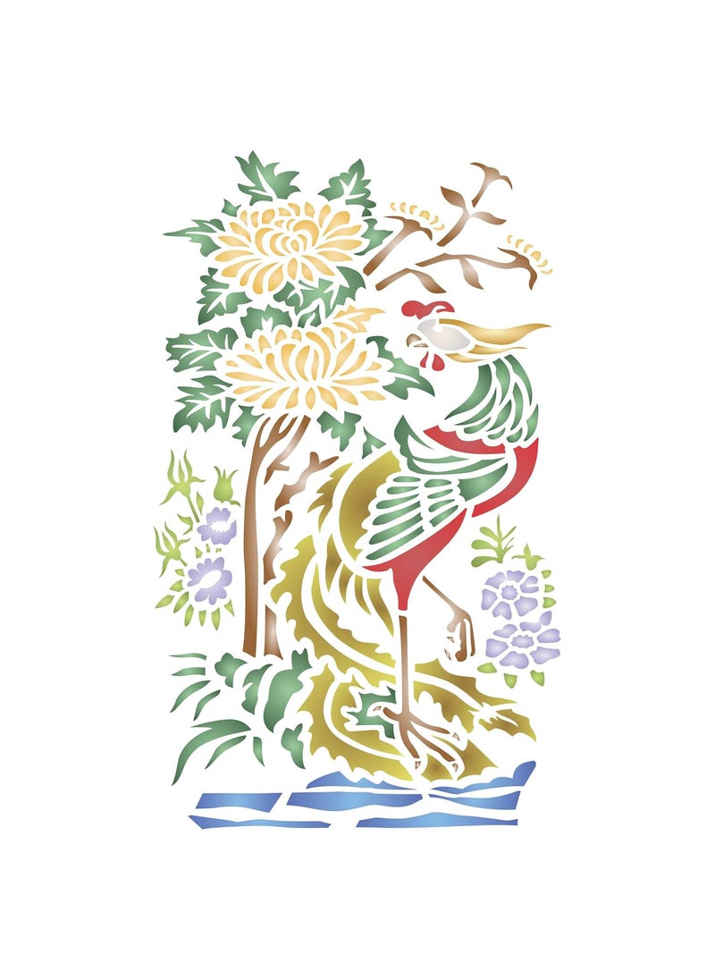 Usnyabni Oriental Pheasant Stencil, 8 x 14 inch (L) - Traditional Asian Chinese Bird with Flowers Stencils for Painting Template  - Image 1
