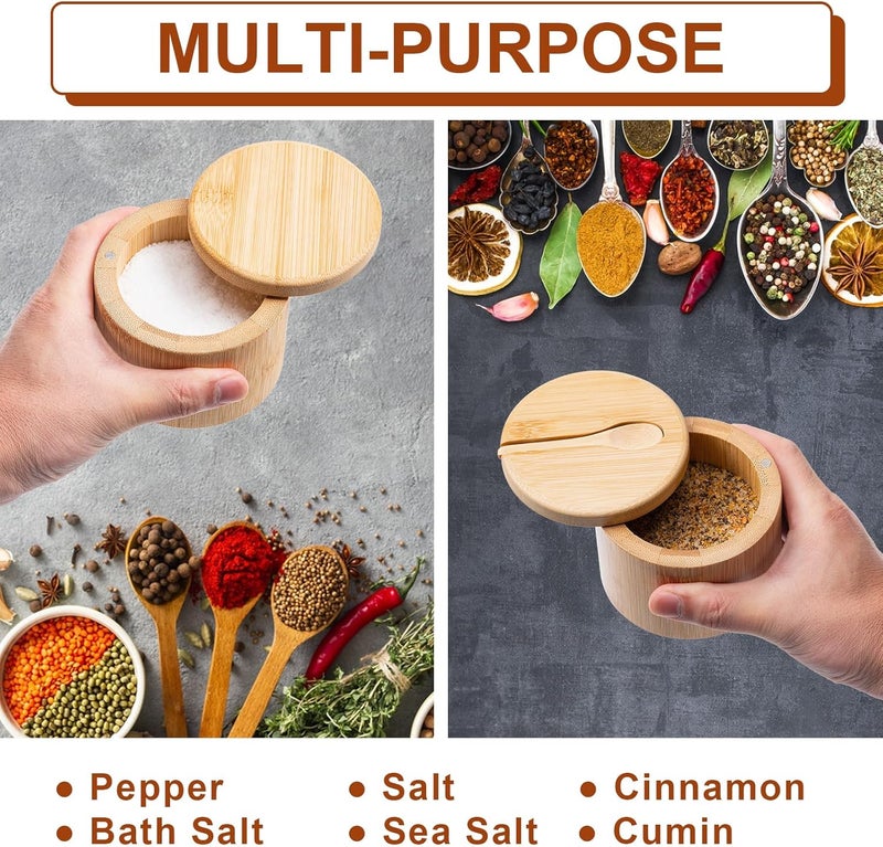 Husfunov Bamboo Salt Cellar, Magnetic Swivel Lid Salt Box, Round Container for Storing Pepper Sugar Herbs, 6 Ounce Capacity - Image 5