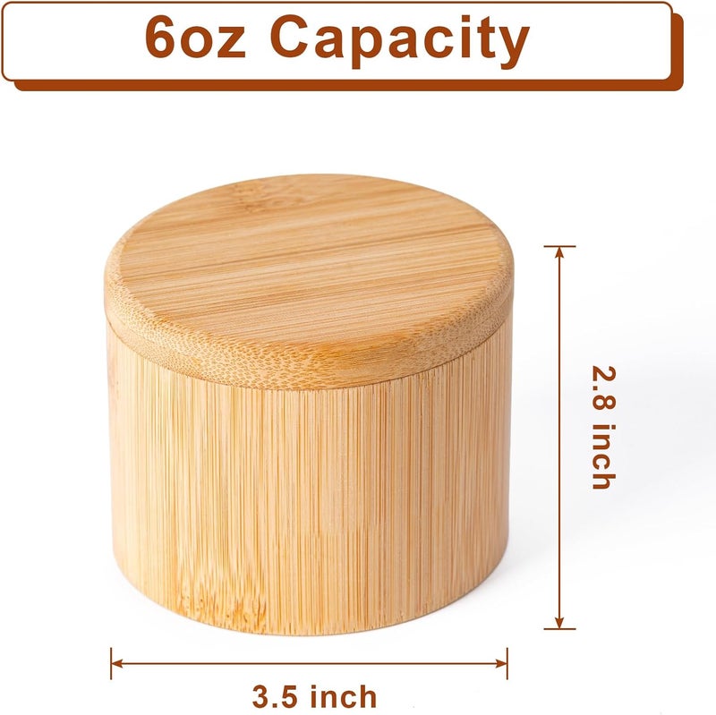 Husfunov Bamboo Salt Cellar, Magnetic Swivel Lid Salt Box, Round Container for Storing Pepper Sugar Herbs, 6 Ounce Capacity - Image 2