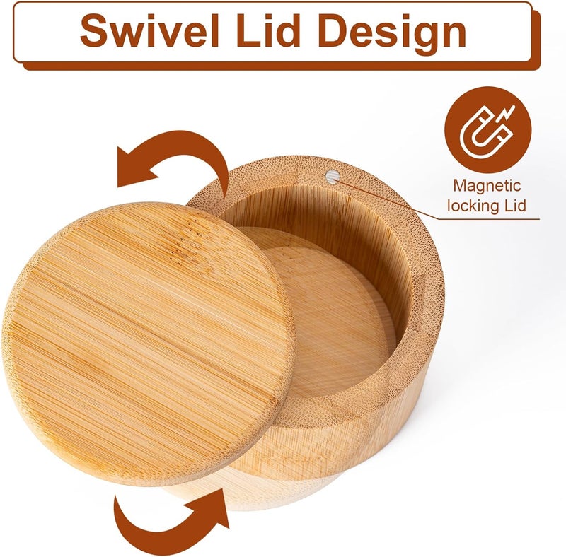 Husfunov Bamboo Salt Cellar, Magnetic Swivel Lid Salt Box, Round Container for Storing Pepper Sugar Herbs, 6 Ounce Capacity - Image 3
