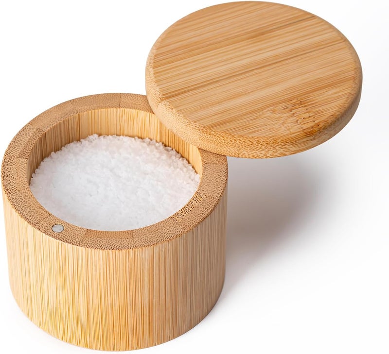 Husfunov Bamboo Salt Cellar, Magnetic Swivel Lid Salt Box, Round Container for Storing Pepper Sugar Herbs, 6 Ounce Capacity - Image 1