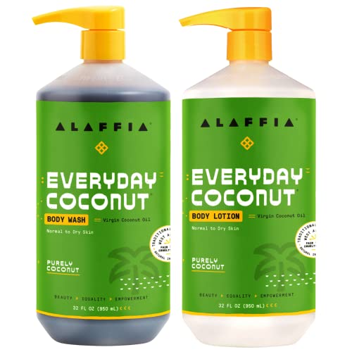 Alaffia Body Wash & Body Lotion Set, EveryDay Coconut â€“â€¯Purely Coconut Skin Cleanser and Moisturizer with Coffee Extracts for Normal to Dry Skin, 32 Oz Ea - Image 1