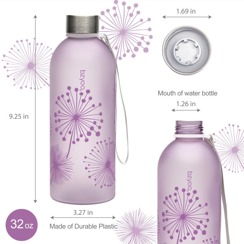 bzyoo 32oz 1 Liter Clear Water Bottle with Time Marker  Dandelion Design  Durable Plastic  BPA-Free  Reusable with Measurement Markings for Fitness and Outdoor Activities (Color: Purple) - Image 3