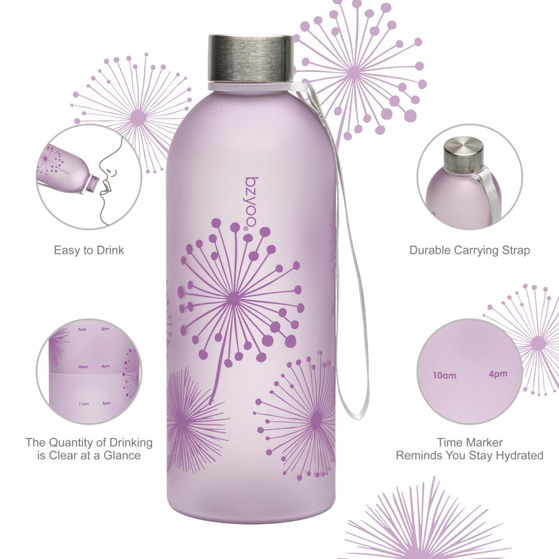 bzyoo 32oz 1 Liter Clear Water Bottle with Time Marker  Dandelion Design  Durable Plastic  BPA-Free  Reusable with Measurement Markings for Fitness and Outdoor Activities (Color: Purple) - Image 4