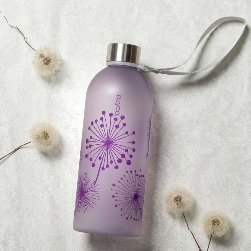 bzyoo 32oz 1 Liter Clear Water Bottle with Time Marker  Dandelion Design  Durable Plastic  BPA-Free  Reusable with Measurement Markings for Fitness and Outdoor Activities (Color: Purple) - Image 2