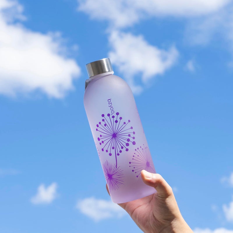 bzyoo 32oz 1 Liter Clear Water Bottle with Time Marker  Dandelion Design  Durable Plastic  BPA-Free  Reusable with Measurement Markings for Fitness and Outdoor Activities (Color: Purple) - Image 1