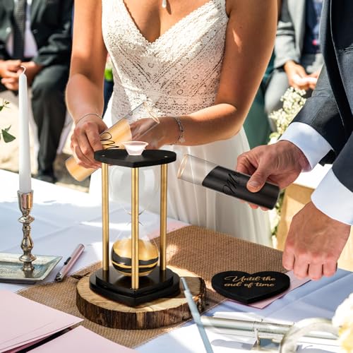 Anglechic Unity Sand for Wedding Ceremony Set Include Wooden Unity Hour Glass 2 Vase 2 Bag Sand 1 Funnel for Wedding Engagement Anniversary Table Decorations (Black Gold,Retro) - Image 5