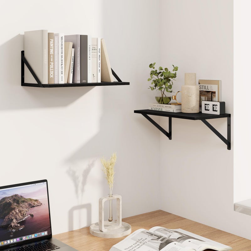 Heimlove Black Deep Floating Shelves for Wall, 16W x 8D Wood Wall Shelves Set of 2, Wide Floating Bookshelf for Living Room, Kitchen, Office, Bedroom and Decor Storage, with Metal Bracket - Black - Image 4
