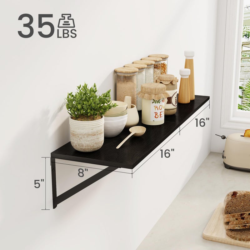 Heimlove Black Deep Floating Shelves for Wall, 16W x 8D Wood Wall Shelves Set of 2, Wide Floating Bookshelf for Living Room, Kitchen, Office, Bedroom and Decor Storage, with Metal Bracket - Black - Image 2