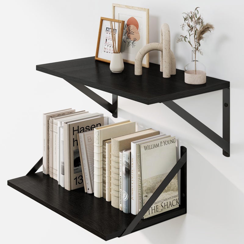 Heimlove Black Deep Floating Shelves for Wall, 16W x 8D Wood Wall Shelves Set of 2, Wide Floating Bookshelf for Living Room, Kitchen, Office, Bedroom and Decor Storage, with Metal Bracket - Black - Image 1