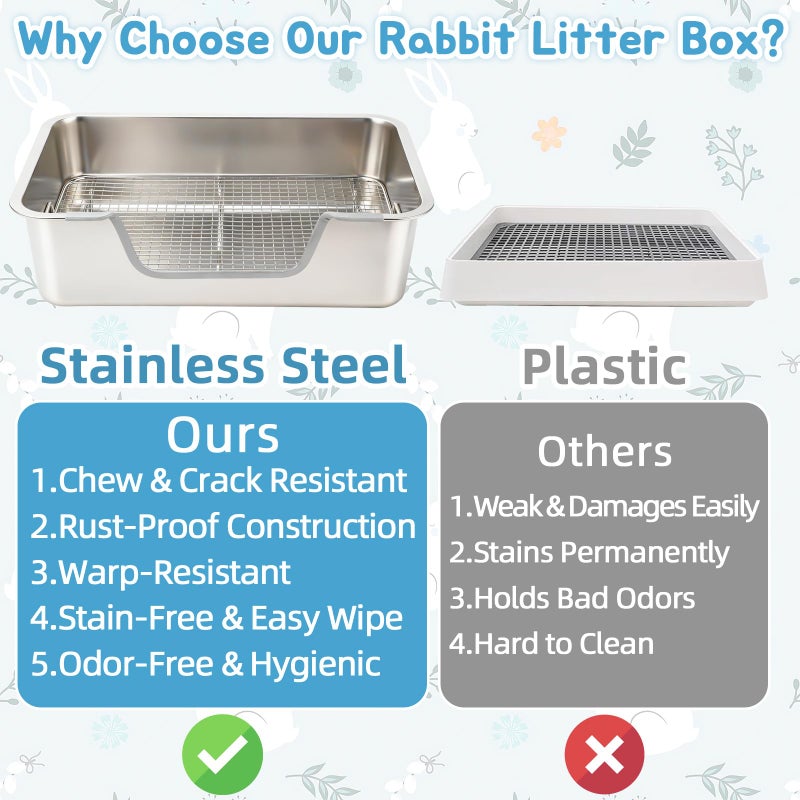 BWOGUE Large Stainless Steel Rabbit Litter Box with Sifting Tray, Steel Grids Bunny Litter Box, Rabbit Potty Pan for Adult Guinea Pigs, Chinchillas, Ferrets, Squirrels, Easy to Clean, Odor Control - Image 5