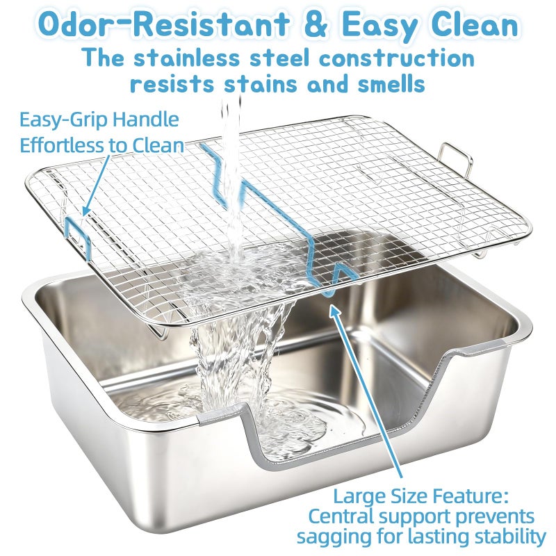BWOGUE Large Stainless Steel Rabbit Litter Box with Sifting Tray, Steel Grids Bunny Litter Box, Rabbit Potty Pan for Adult Guinea Pigs, Chinchillas, Ferrets, Squirrels, Easy to Clean, Odor Control - Image 4