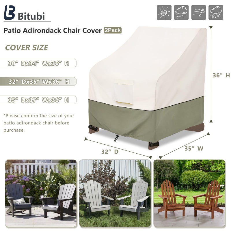 Bitubi Waterproof 2 Pack Patio Adirondack Chair Cover for Outdoor Chair Size Up to 32W x 35D x 36H inch,Outdoor Lawn Patio Furniture Covers (Beige) - Image 2
