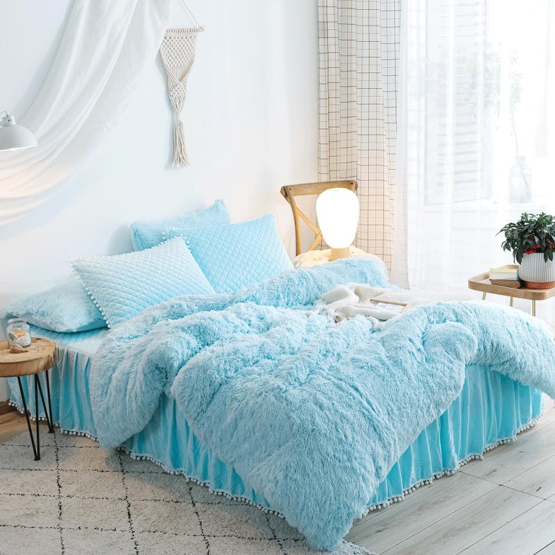 HAIHUA Plush Blue Comforter Cover Twin Set, Furry Blue Girls Twin Bedding Set 2 Pieces (1 Shaggy Duvet Cover + 1 Faux Fur Plush Pillow Cases) Girls Fuzzy Bed Set, Fluffy Bed Set, Zipper Closure - Image 2