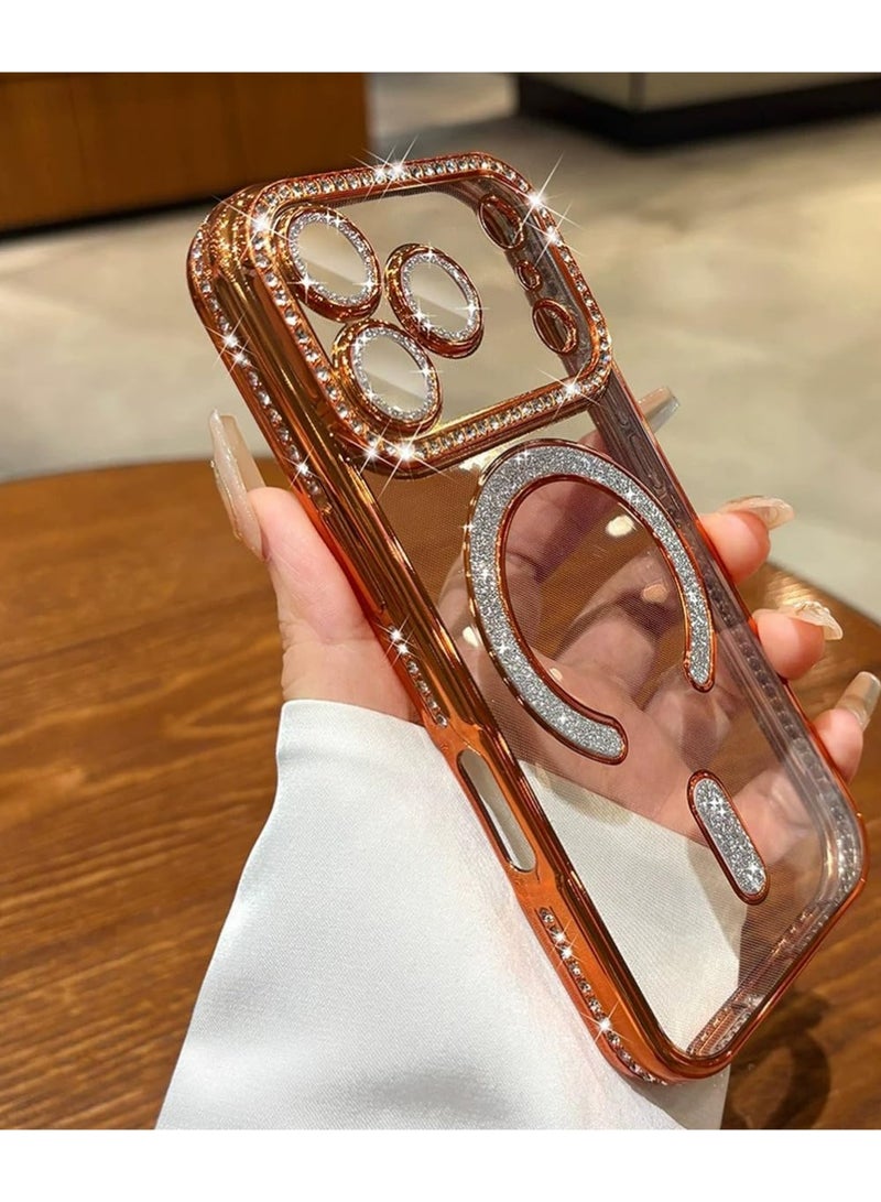 بولوز المغناطيسية واضحة جليتر حالة لآيفون 17 برو، [متوافق مع MagSafe] لطيف بلينج الماس المتوهج الراينست مع حامي الكاميرا TPU مضاد النساء فتاة حالة لآيفون 17 برو، البرتقالي - Image 5