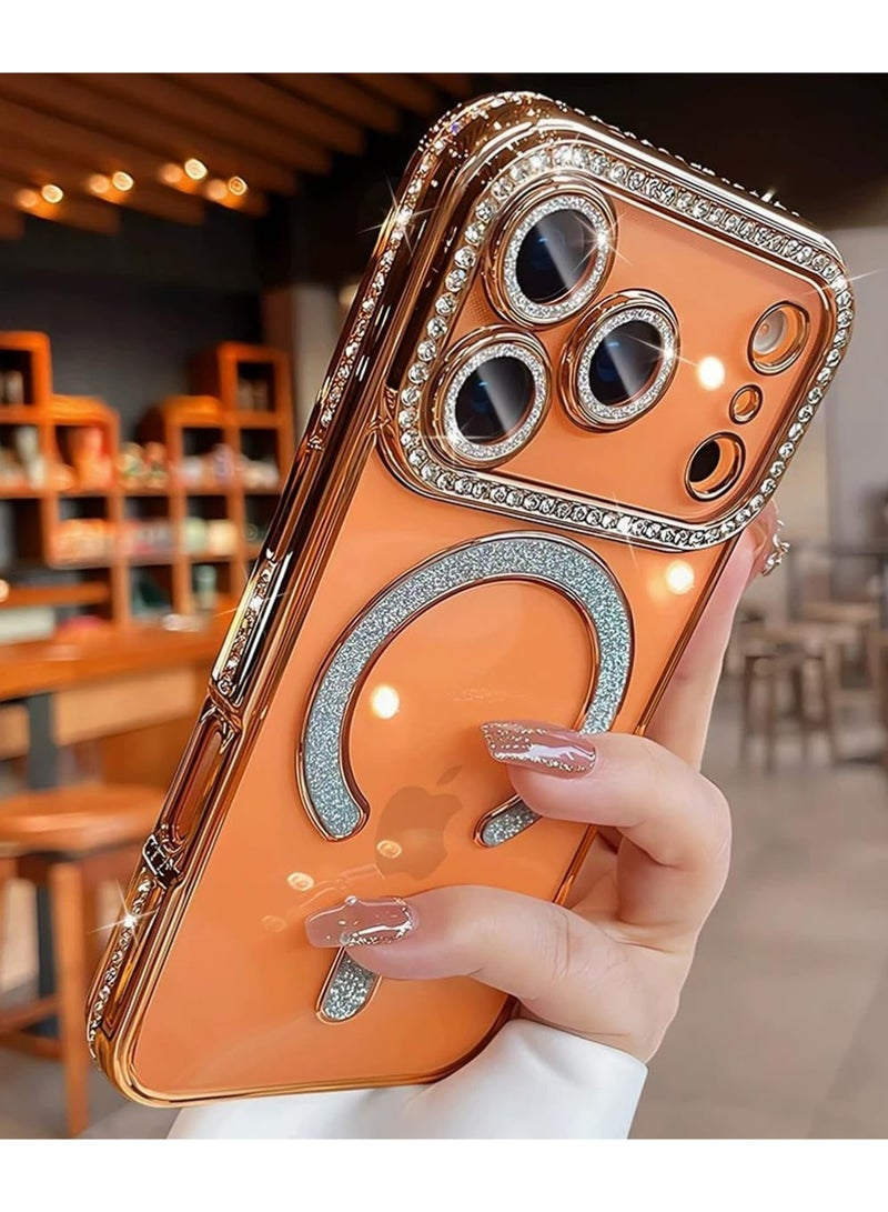 بولوز المغناطيسية واضحة جليتر حالة لآيفون 17 برو، [متوافق مع MagSafe] لطيف بلينج الماس المتوهج الراينست مع حامي الكاميرا TPU مضاد النساء فتاة حالة لآيفون 17 برو، البرتقالي - Image 4