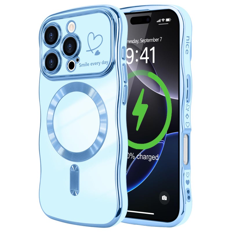LCHULLE for iPhone 16 Pro Max Case for Women Girls Compatible with MagSafe Cute Curly Wave Shape Magnetic Love Heart Pattern with Camera Lens Cover Luxury Plating Shockproof Phone Case Baby Blue - Image 3