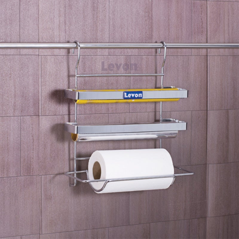 Levon Stainless Steel Hanging 3 in 1 Kitchen Triple Paper Dispenser & Holder | Wrap Aluminium Foil & Kitchen Roll - Size (340 X 135 X 305 mm) - Image 3