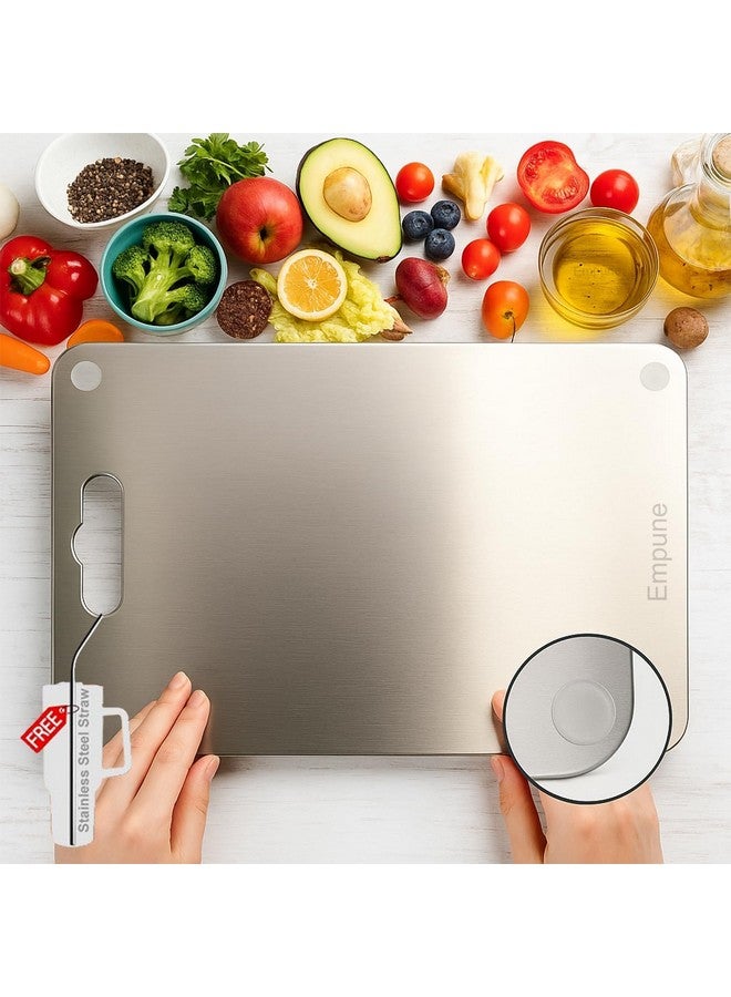 Empune Rectangular 304 Stainless Steel Chopping Board for Kitchen | with 1 Steel Straw & Anti-Skid Silicon Pad | for Cutting Vegetables, Meat, Fish, Fruits | Cutting Board | Medium | 31 x 21 cm  - Image 1