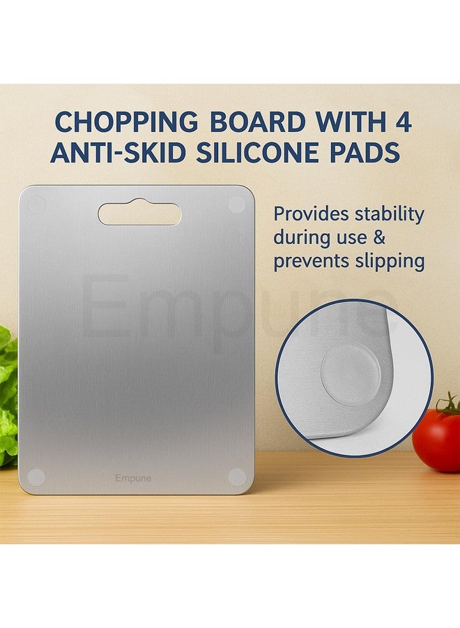Empune Rectangular 304 Stainless Steel Chopping Board for Kitchen | with 1 Steel Straw & Anti-Skid Silicon Pad | for Cutting Vegetables, Meat, Fish, Fruits | Cutting Board | Medium | 31 x 21 cm  - Image 2