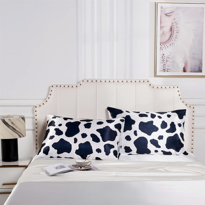 URLINENS غطاء وسادة من الساتان للشعر والبشرة بنمط بقرة، أغطية وسائد مقاس كوين عبوة من 2، مجموعة من 2 غطاء وسادة من الساتان الحريري البارد الناعم مع إغلاق مغلف (20×30 بوصة، بقرة) - Image 2