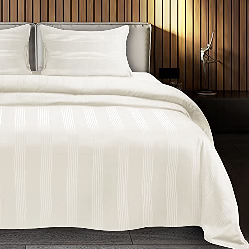 Spread Spain® Cotton Bedsheet & Pillow Cover Set - Blue | Striped Design & 450 Thread Count Barcode Super King Size Bedsheet - 112x112 Inch with 2 Pillow Covers - 18 x 27 Inch Each | Off White - Image 1