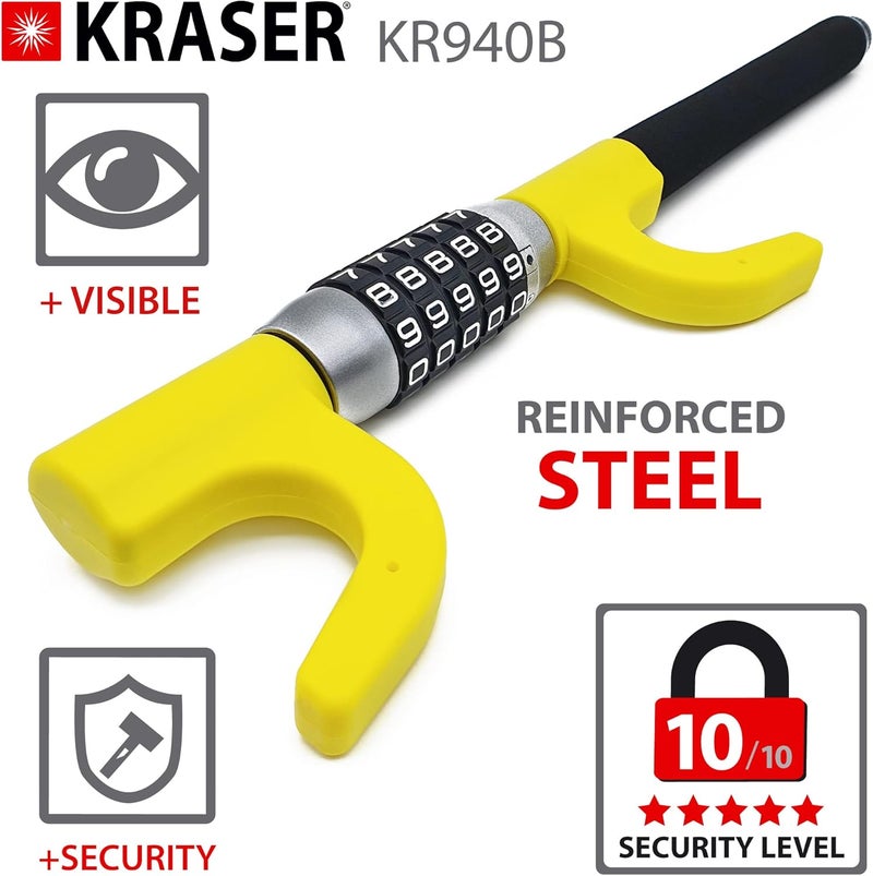 KRASER KR940B Anti-Theft Car Steering Wheel Lock - High Security Combination Bar, Black-Yellow - Image 4
