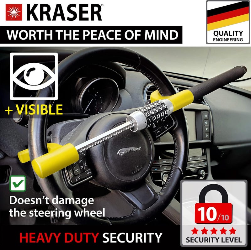 KRASER KR940B Anti-Theft Car Steering Wheel Lock - High Security Combination Bar, Black-Yellow - Image 2