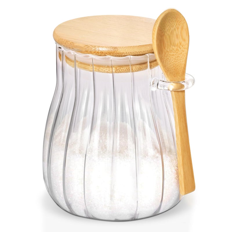Quald 20oz Sugar Container with Bamboo Lid and Spoon,600 ml Sugar Bowl Glass Jar for Coffee Bar Accessories Coffee Canister Kitchen Decor (Large) - Image 1