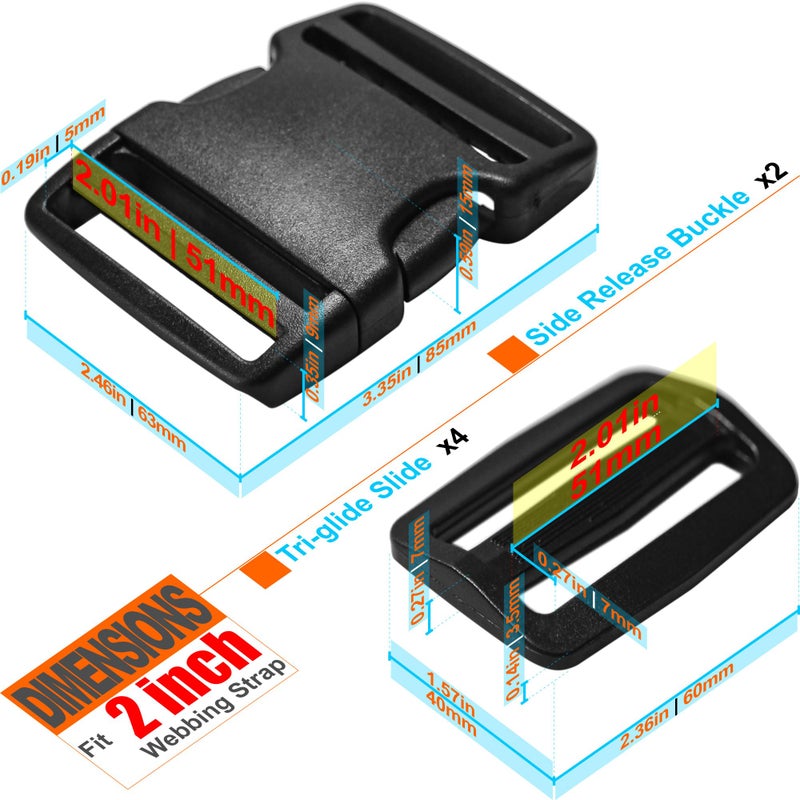 LASIGHT Buckles for 2 inch Wide Webbing Straps: Quick Side Release Buckle Clip 2 set and Tri-Glide Slide 4 pcs Fit 2" Nylon Web Belt, Plastic Snap Fastener Clip Heavy Duty Replacement Dual Adjustable - Image 3
