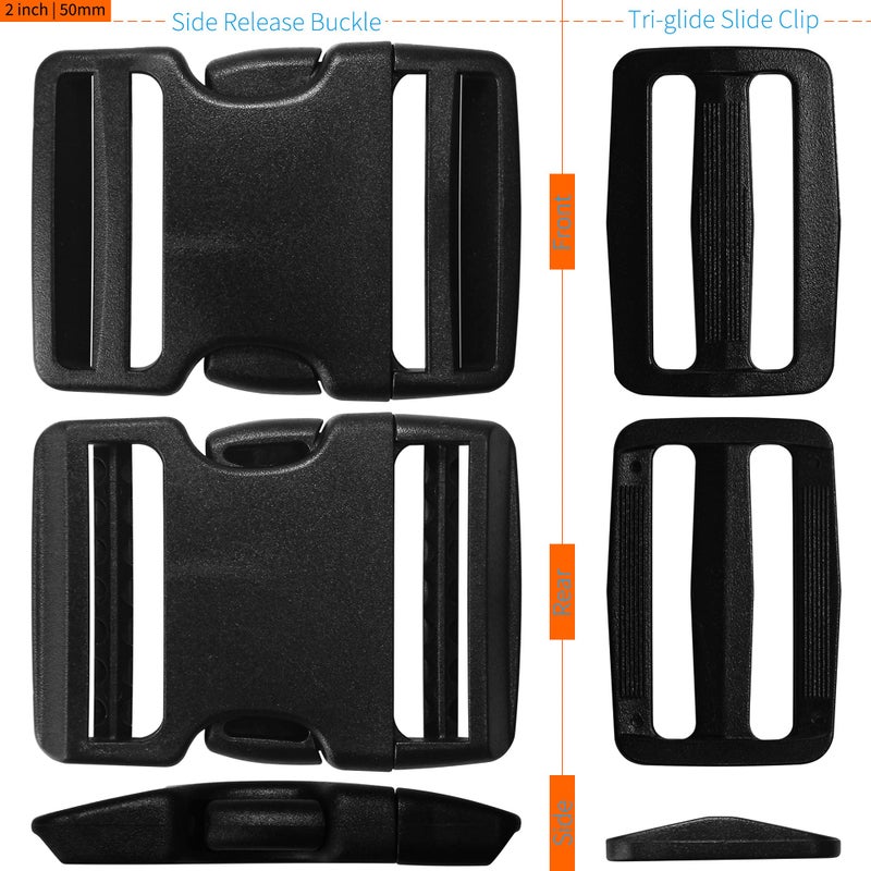 LASIGHT Buckles for 2 inch Wide Webbing Straps: Quick Side Release Buckle Clip 2 set and Tri-Glide Slide 4 pcs Fit 2" Nylon Web Belt, Plastic Snap Fastener Clip Heavy Duty Replacement Dual Adjustable - Image 5