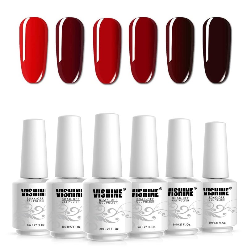 Vishine Red Colors Collection Gel Polish Set- Pack of 6 Colors Shine Finish and Long Lasting, Soak Off UV LED Gel 8ml/Pcs Gift Set - Image 1