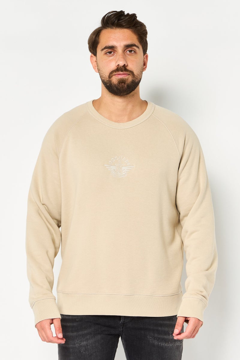 DOCKERS Men Crew Neck Embroidered Logo Long Sleeve Sweatshirt, Beige - Image 1