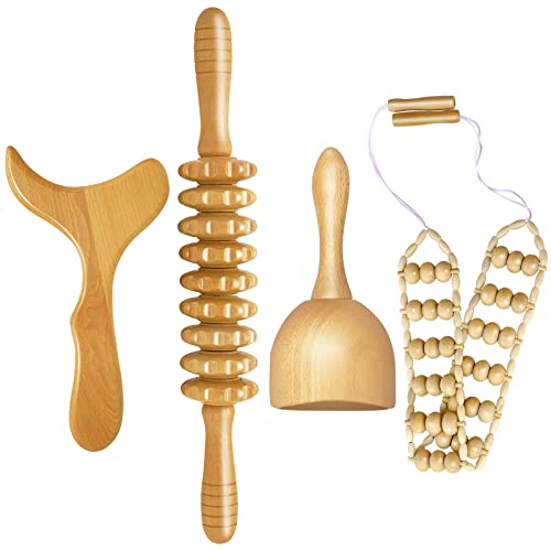 AICNLY 4 Pcs Wood Therapy Massage Tools for Body Shaping Lymphatic Drainage Massager Maderoterapia kit Wooden Massage Roller AntiCellulite Massager Body Sculpting Tools Set