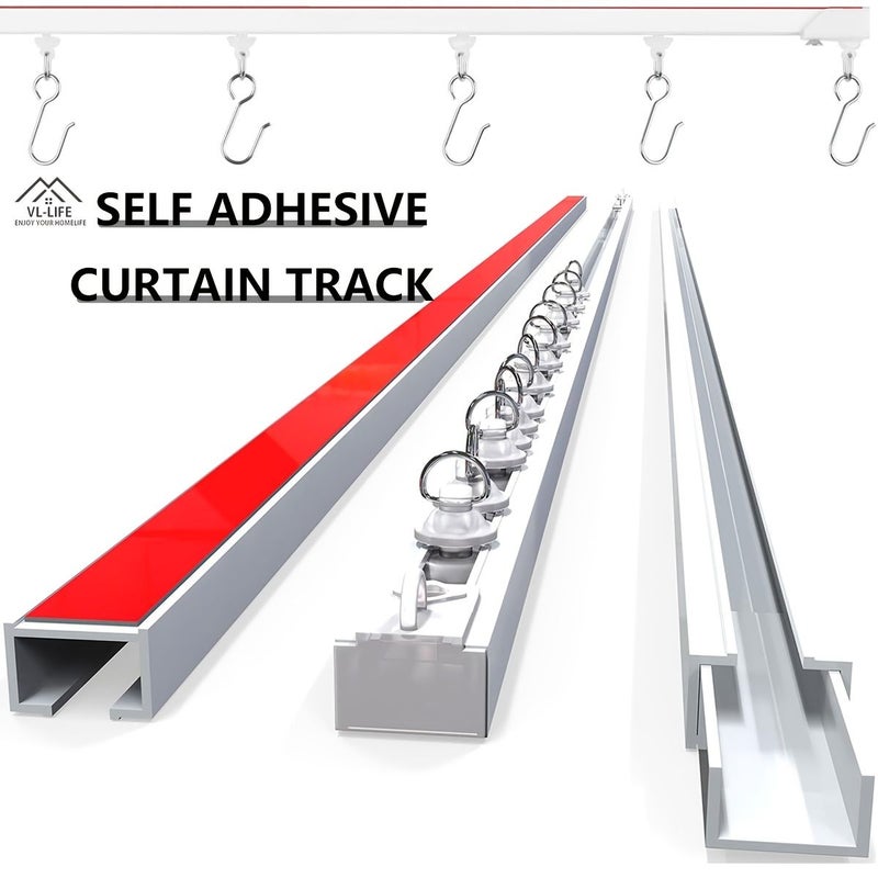 Polychrome Easy Install Self Adhesive Curtain Track Set 10 Set with Silent Pulleys and Metal S Hooks for Home and Bathroom - Image 1