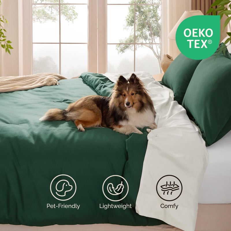 Andency Dark Emerald Green King Size Comforter Set, 3 Pieces Forest Hunter Green Boho Solid Bedding Comforters & Sets, Soft Lightweight Microfiber All Season Reversible Bed Set for Men Women - Image 3