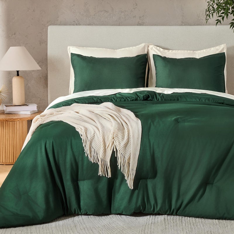 Andency Dark Emerald Green King Size Comforter Set, 3 Pieces Forest Hunter Green Boho Solid Bedding Comforters & Sets, Soft Lightweight Microfiber All Season Reversible Bed Set for Men Women - Image 2