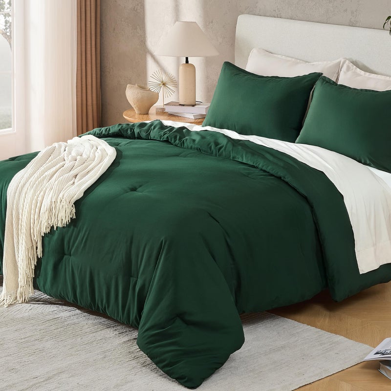 Andency Dark Emerald Green King Size Comforter Set, 3 Pieces Forest Hunter Green Boho Solid Bedding Comforters & Sets, Soft Lightweight Microfiber All Season Reversible Bed Set for Men Women - Image 4