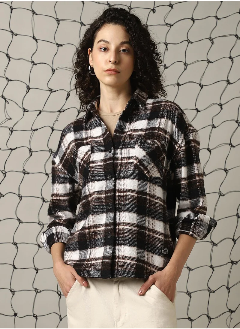 Hubberholme Women's Multicoloured Cotton Blend Checkered Oversized Shacket