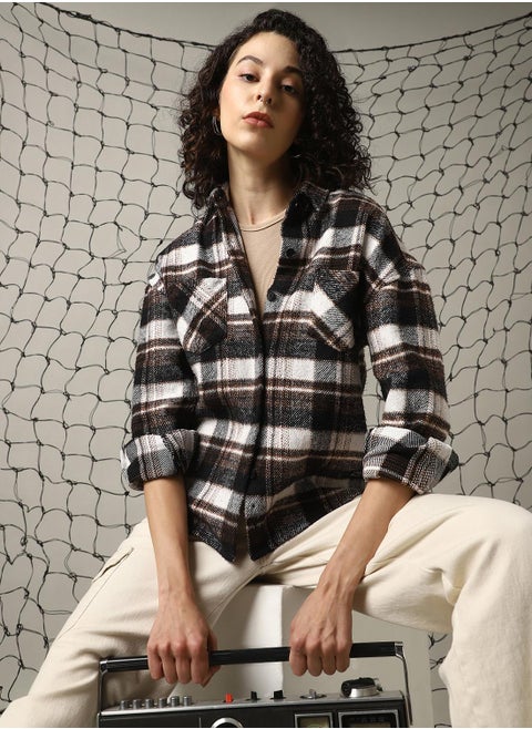 Women's Multicoloured Cotton Blend Checkered Oversized Shacket