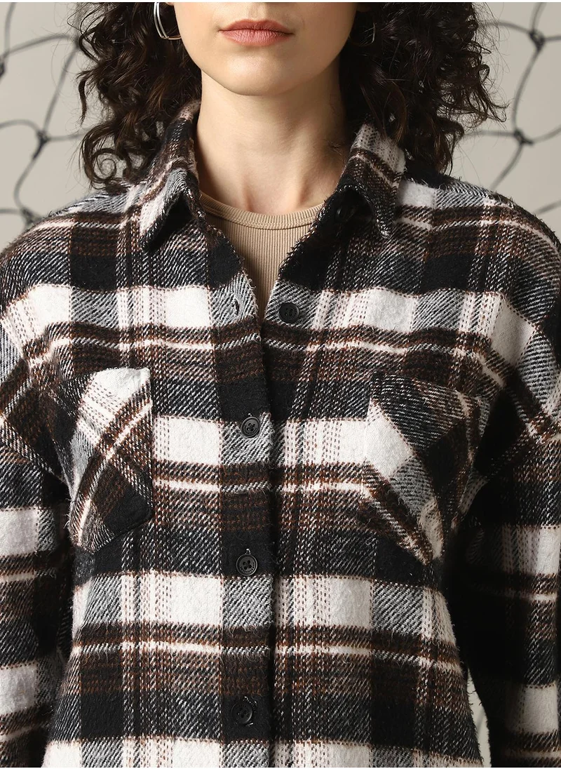 Hubberholme Women's Multicoloured Cotton Blend Checkered Oversized Shacket