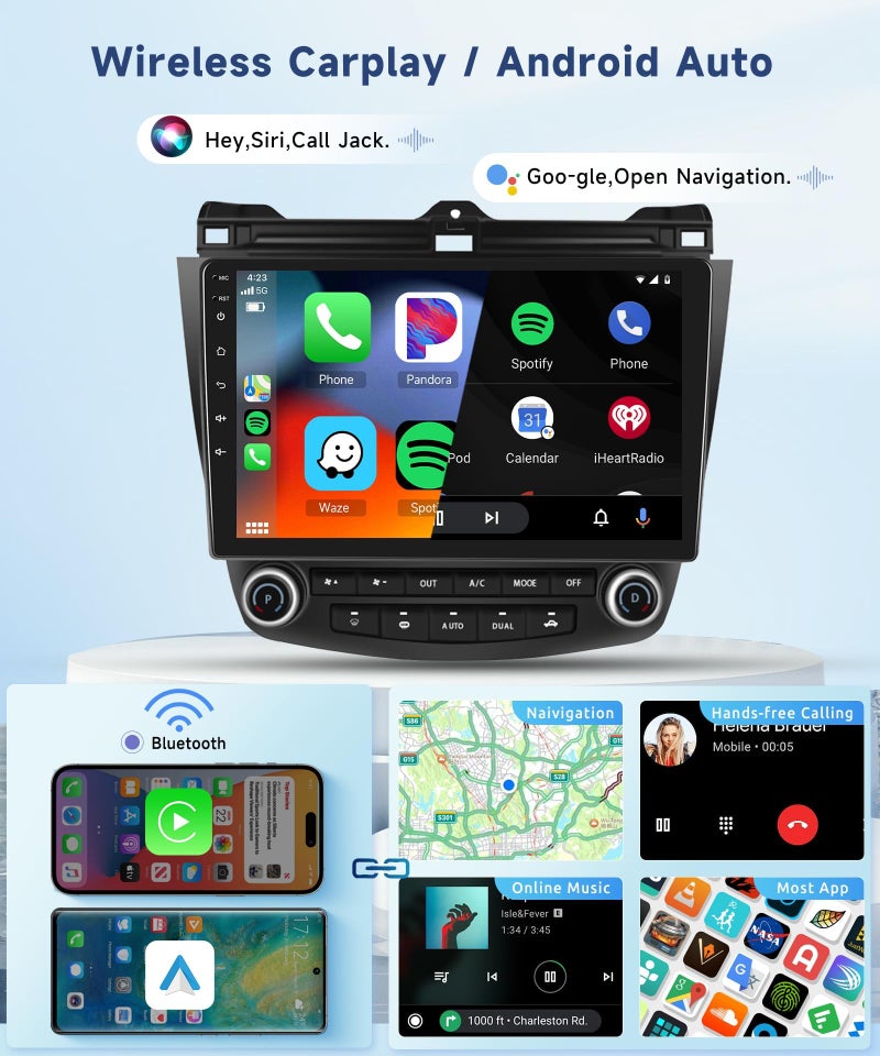Podofo راديو سيارة أندرويد مع Carplay/Android Auto لاسلكي 10.1" لسيارة هوندا أكورد 7 2003 2004 2005 2006 2007 - Image 3