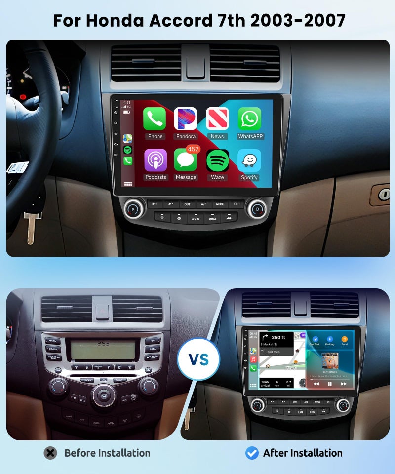Podofo راديو سيارة أندرويد مع Carplay/Android Auto لاسلكي 10.1" لسيارة هوندا أكورد 7 2003 2004 2005 2006 2007 - Image 2